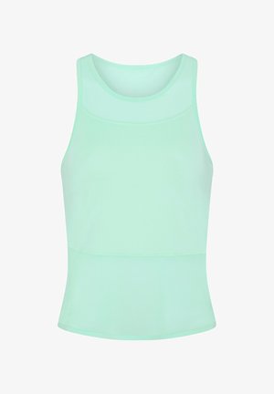 Mintgroene sporttop met een gladde, rekbare stof; heeft een ronde halslijn en een aansluitende pasvorm.