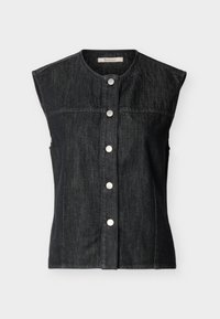 Αμάνικο μαύρο τζιν γιλέκο με στρογγυλό λαιμόκοψη και πέντε ασημένια κουμπώματα στο εμπρόσθιο μέρος, με ετικέτα Barbour.