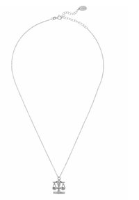 Silver chain necklace featuring a scales of justice pendant with detailed scales and a central padlock. Adjustable length with a lobster clasp.