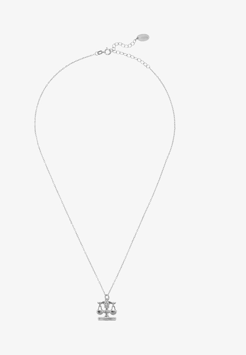 Silver chain necklace featuring a scales of justice pendant with detailed scales and a central padlock. Adjustable length with a lobster clasp.