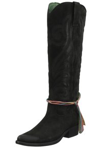 Bota de vaquero de ante negro con un caña alta, costuras decorativas y un acento de cinta colorida alrededor del tobillo. Punta cuadrada y tacón bajo.