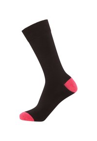 Black sock with a ribbed cuff, featuring hot pink accents at the toe and heel. Made from a soft fabric with a smooth texture.