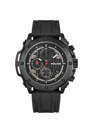 Montre chronographe noire avec un cadran texturé, des accents argentés et un bracelet en caoutchouc. Les caractéristiques comprennent trois sous-cadrans et une aiguille avec un embout rouge.