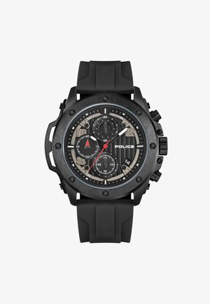 Orologio cronografo nero con quadrante testurizzato, accenti argentati e cinturino in gomma. Le caratteristiche includono tre sottoquarti e una lancetta con punta rossa.