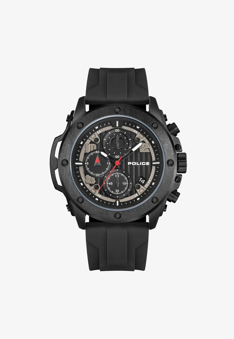 Black chronograph watch with a textured dial, silver accents, and rubber strap. Features include three subdials and red-tipped hand.