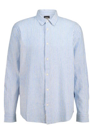 Chemise à manches longues avec boutons, rayures verticales bleues et blanches et col, présentée sur fond blanc.