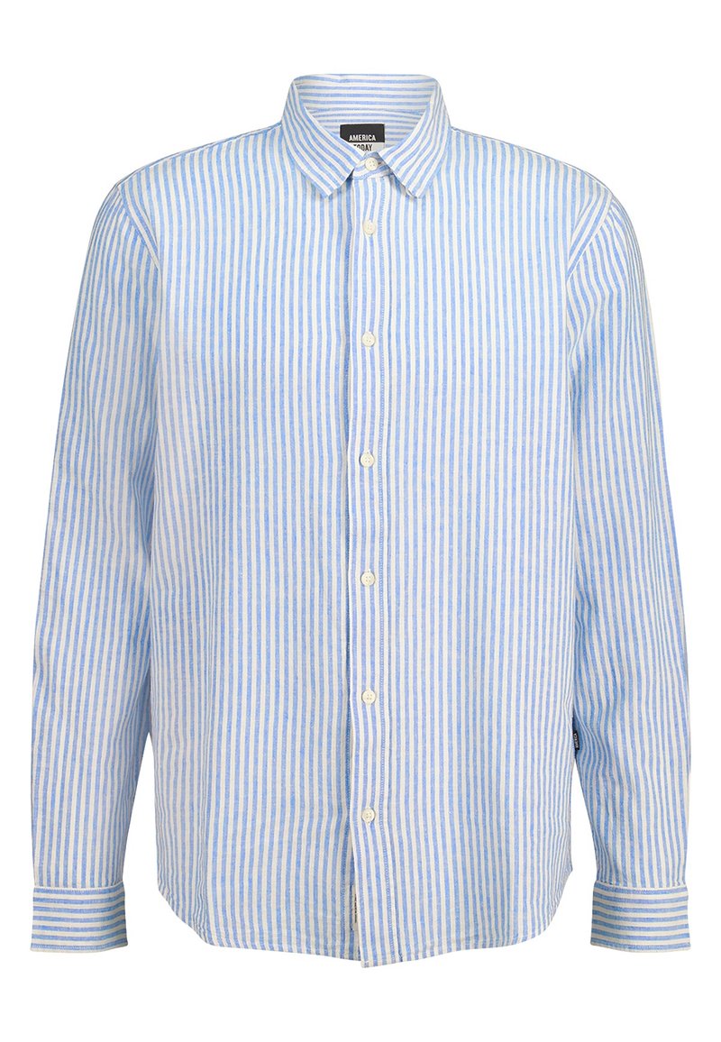 Chemise à manches longues avec boutons, rayures verticales bleues et blanches et col, présentée sur fond blanc.