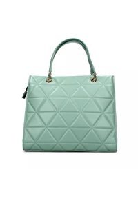 Borsa a mano verde menta con motivo trapuntato, texture triangolare, doppi manici e accenti in hardware dorato. Forma rettangolare, materiale liscio.