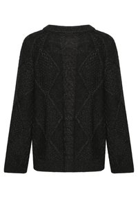 Sort strikket sweater med et tekstureret diamantmønster, brede ærmer og rund halsudskæring, med subtile metaltrådsdetaljer.