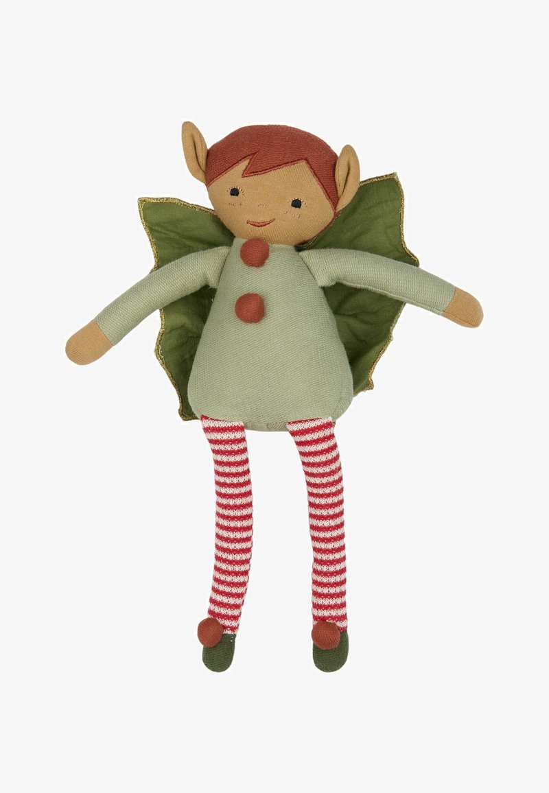 Zachte speelgoedelf met een groene stoffen body, rode knopen en bladvormige vleugels. Gestreepte rood-witte benen met groene schoenen. Bruin haar en een lachend gezicht.