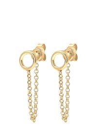 Cercei din aur cu studs circulare și accente lungi cu lanț. Suprafață netedă și reflectantă, cu un design delicat din inele de lanț.