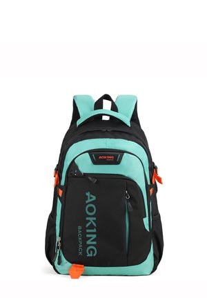 Sac à dos noir et turquoise avec tirettes de fermeture éclair orange, plusieurs compartiments, bretelles rembourrées, et logo "AOKING" sur la poche avant.