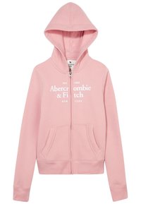 Roze hoodie met ritssluiting, gemaakt van een zachte katoenmengeling, met een voorkantzak, capuchon en wit bedrukt logo op de borst. Gladde textuur en casual ontwerp.