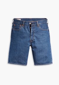 Dunkelblaue Jeansshorts im Fünf-Taschen-Design mit Knopf- und Reißverschluss sowie verstärkten Nähten an den Säumen. Sanfte Textur.