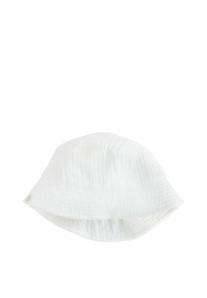 White bucket hat made of textured fabric with a soft, crinkled appearance. Features a wide, floppy brim and a small sewn label.