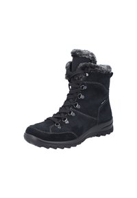 Bottines en suède noir avec col en fausse fourrure, fermeture lacée à l'avant, couture contrastante et semelle en caoutchouc robuste pour une meilleure adhérence.