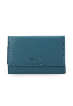 Teal leather wallet with a smooth texture, snap closure, and embossed "VENEZIA" logo on the front. Simple design with stitched edges.