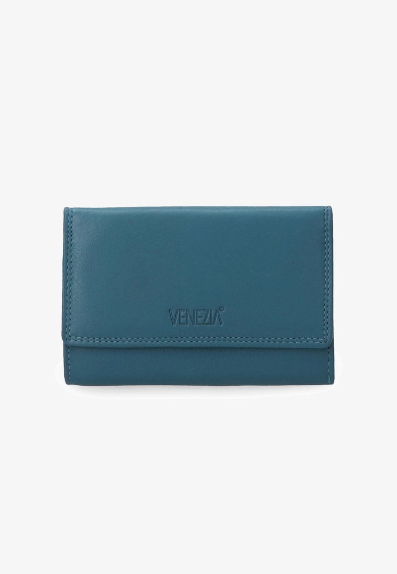 Teal leather wallet with a smooth texture, snap closure, and embossed "VENEZIA" logo on the front. Simple design with stitched edges.