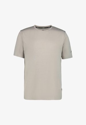 Light gray short-sleeve T-shirt with a textured pattern, round neckline, and subtle logo detail on the left sleeve. Soft, smooth fabric.