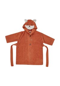 Orange hooded robe made of terry cloth. Features a fox face on the hood, with attached ties and buttons for closure.