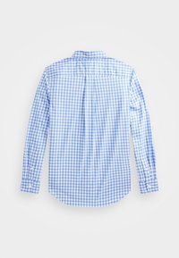 Blauw-witte geruite overhemd met lange mouwen, een kraag, knopenmanchetten en een gebogen zoom, gemaakt van een zachte katoenen stof.