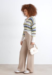 Maglione peloso multicolore con strisce verdi, blu e bianche; pantaloni beige a gamba larga; borsa bianca con catena dorata; sneakers argentate.