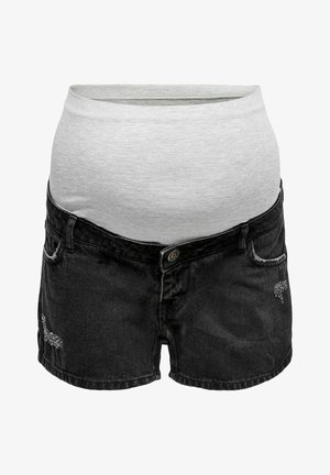 Mustad denim rasedusshortsid musta värviga, hall elastne vöökoht. Omab kulunud detaile ja esi-taskuid lisade jaoks.