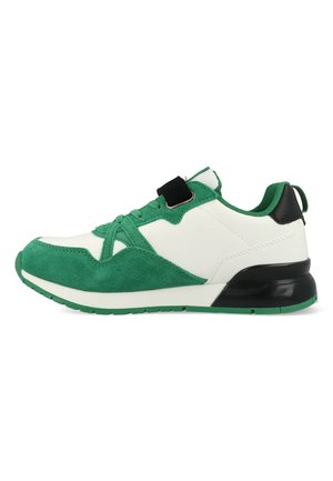 Green and white sneaker featuring a mix of suede and synthetic materials, rounded toe, lace-up design, and black heel accents.