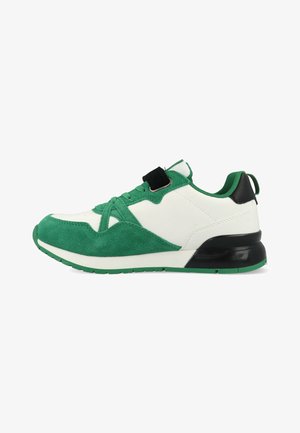 Groene en witte sneaker met een mix van suede en synthetische materialen, ronde neus, vetersluiting en zwarte hielaccenten.