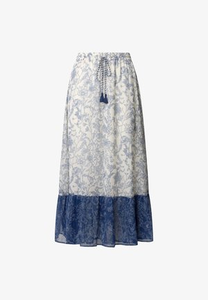 Falda maxi con estampado floral en tejido ligero, con un diseño azul sobre fondo blanco, cintura con cordón y un dobladillo azul con volantes.