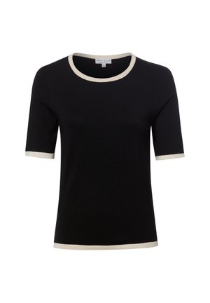 Schwarzes kurzärmeliges Stricktop mit cremefarbenem Besatz am Kragen, an den Ärmeln und am Saum, Größe Small, Markenetikett im Kragen sichtbar.