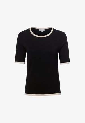 Haut en maille noir à manches courtes avec bordure crème au col, aux manches et à l'ourlet, taille petite, étiquette de marque visible à l'intérieur du col.