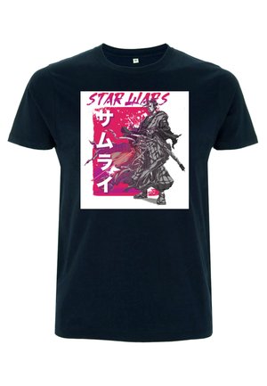 Černé bavlněné tričko s grafickým potiskem samuraje, s nápisem "STAR WARS" v tučném písmu, orámované v růžové a bílé.
