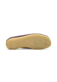 Purple suede shoe sole with a textured yellow rubber bottom. The shape is slightly contoured, showing a smooth transition from the upper to the sole.