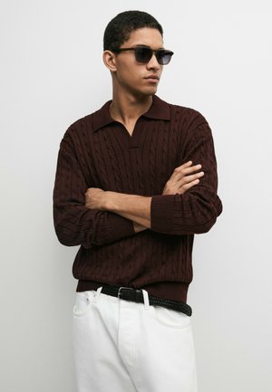 Massimo Dutti, 100% COTTON CABLE-KNIT POLO SWEATER - Maglione - bordeaux