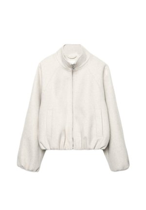 Lichtbeige cropped jack in zachte stof, met een opstaande kraag, ritssluiting, raglanmouwen en elastische zoom. Voorzien van twee steekzakken aan de voorkant.