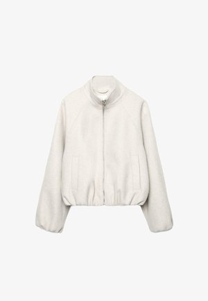 Rahločena svetlo bež jakna iz mehke tkanine, z ovratnikom, zadrgo, raglanskimi rokavi in elastičnim robom. Vključuje dve sprednji žepi.