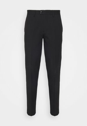 Black trousers with a tailored design, slim fit, and button closure. Smooth texture with a crisp finish and no visible patterns or accents.