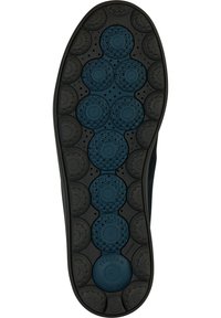 Suela de zapato con un exterior de goma negra, elementos de amortiguación circulares azules y agujeros de drenaje. El texto dice "PATENTE ITALIANA" y "GEOX."