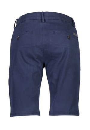 Marineblå shorts med en glat tekstur, der har baglommer og forstærkede sømme. Lige skæring med en mid-rise talje.