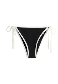 Bas de bikini noir avec bordure blanche et liens latéraux sur fond blanc.