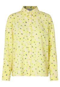 Langærmet skjorte med knaplukning i lys gul med et blomstermønster med blå accenter; lavet af letvægts bomuldsstof.