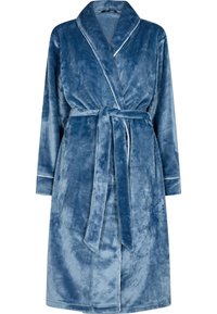 Mjuk blå fleece badrock med sjalkrage, långa ärmar och ett knytbälte i midjan med vit piping längs kanterna.