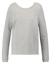 Jasnoszara koszulka z długim rękawem, okrągłym dekoltem, z dopasowanym mankietem i gładką, miękką teksturą tkaniny.