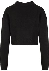 Fekete, rövidített pulóver puha anyagból, hosszú ujjakkal, kerek nyakkivágással, valamint bordázott részletekkel az ujjak végén és az alján.