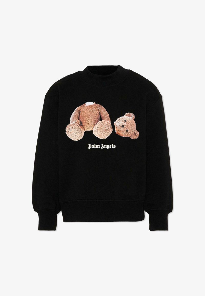 Felpa nera con grafica di un orsetto decapitato con testa e corpo separati, e testo "Palm Angels" sotto.