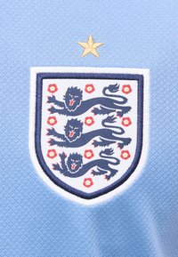 Τρεις ναυτικού μπλε λέοντες με κόκκινες γλώσσες και κόκκινα τριαντάφυλλα σε άσπρη ασπίδα με περίγραμμα ναυτικού μπλε σε ανοιχτό μπλε ύφασμα με έναν χρυσό αστέρι πάνω.