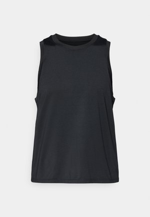 Top deportivo sin mangas negro, fabricado con tela suave que absorbe la humedad. Presenta un escote redondo y un corte holgado.