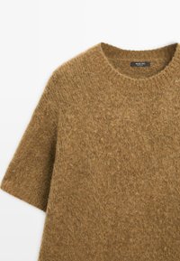 Maglione marrone a maniche corte realizzato in materiale morbido e testurizzato. Design a girocollo con leggere variazioni nel colore e nella consistenza del tessuto.
