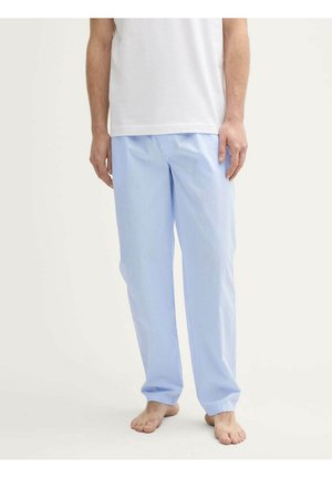 Light blue striped pajama pants made of soft fabric, loose fit with an elastic waistband and tapered legs. Flat, subtle texture.